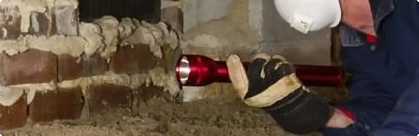 Pest control technician inspecting a crawl space for ant activity in Crooks, SD
