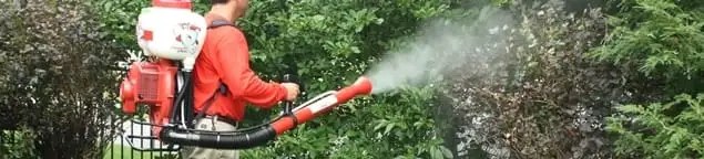 Mosquito control technician fogging shrubs and landscaping for mosquito treatment in Sioux Falls, SD