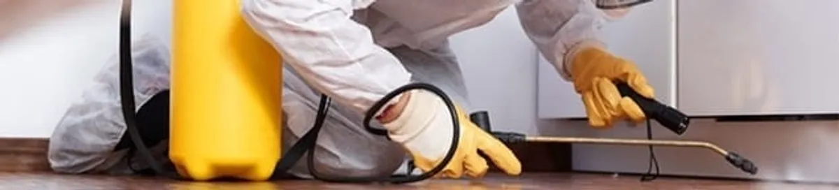 Roach exterminator treating cracks and crevices along kitchen baseboards in Sioux Falls, SD